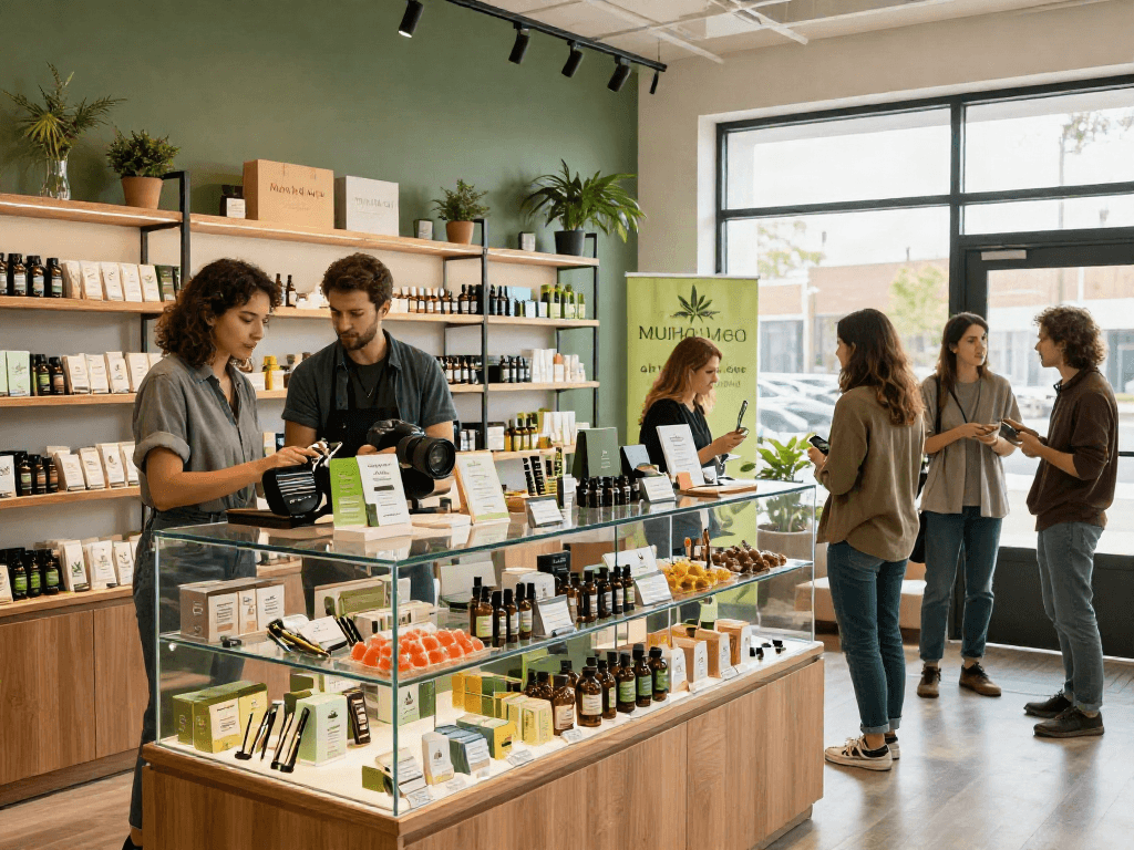 Inviting cannabis retail space showcasing Muha Med products and vibrant customer interactions.