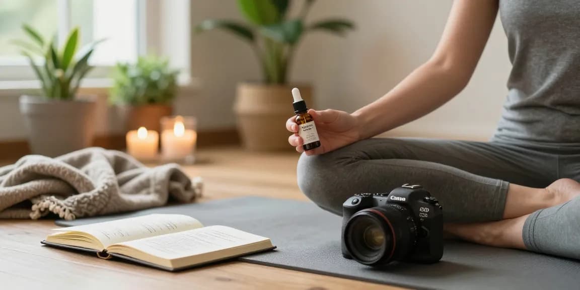 Person meditating with THC free CBD oil Canada in serene wellness space.