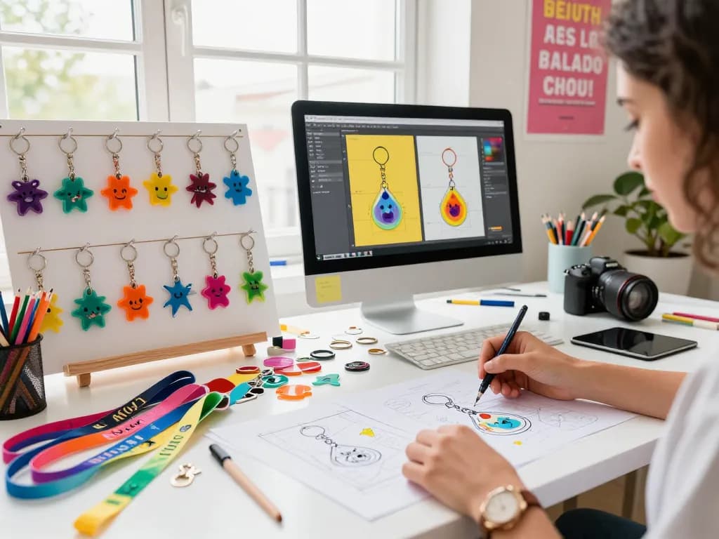 Custom lanyard keychain design process in a vibrant workspace.