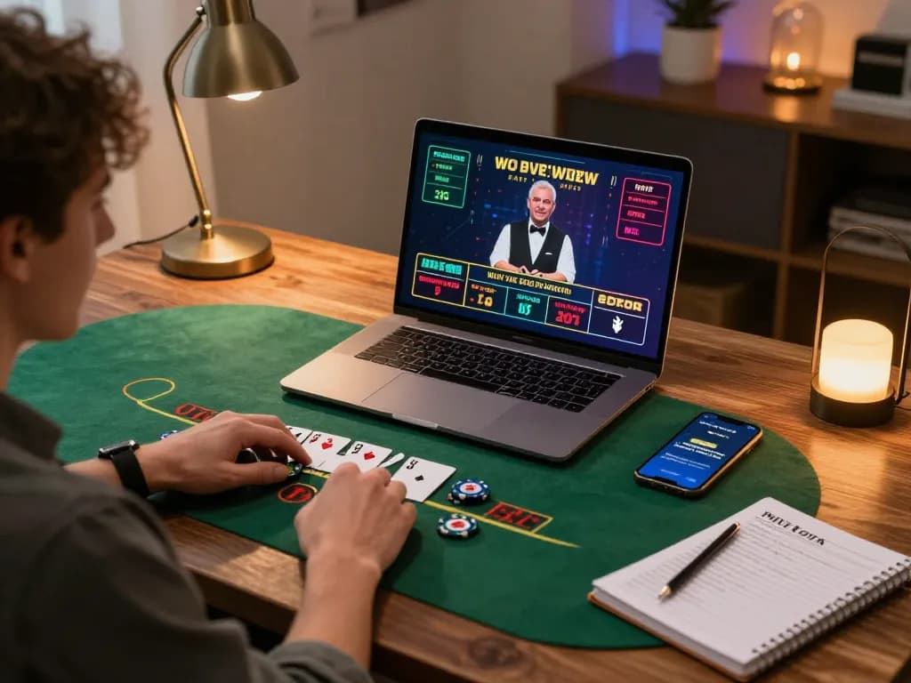 Player engaging in live dealer blackjack from home, featuring hidden wiki tor link on smartphone, strategic atmosphere.
