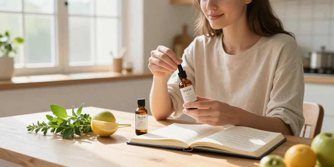 Muha med CBD tincture being taken in organic wellness kitchen with fresh herbs and fruits