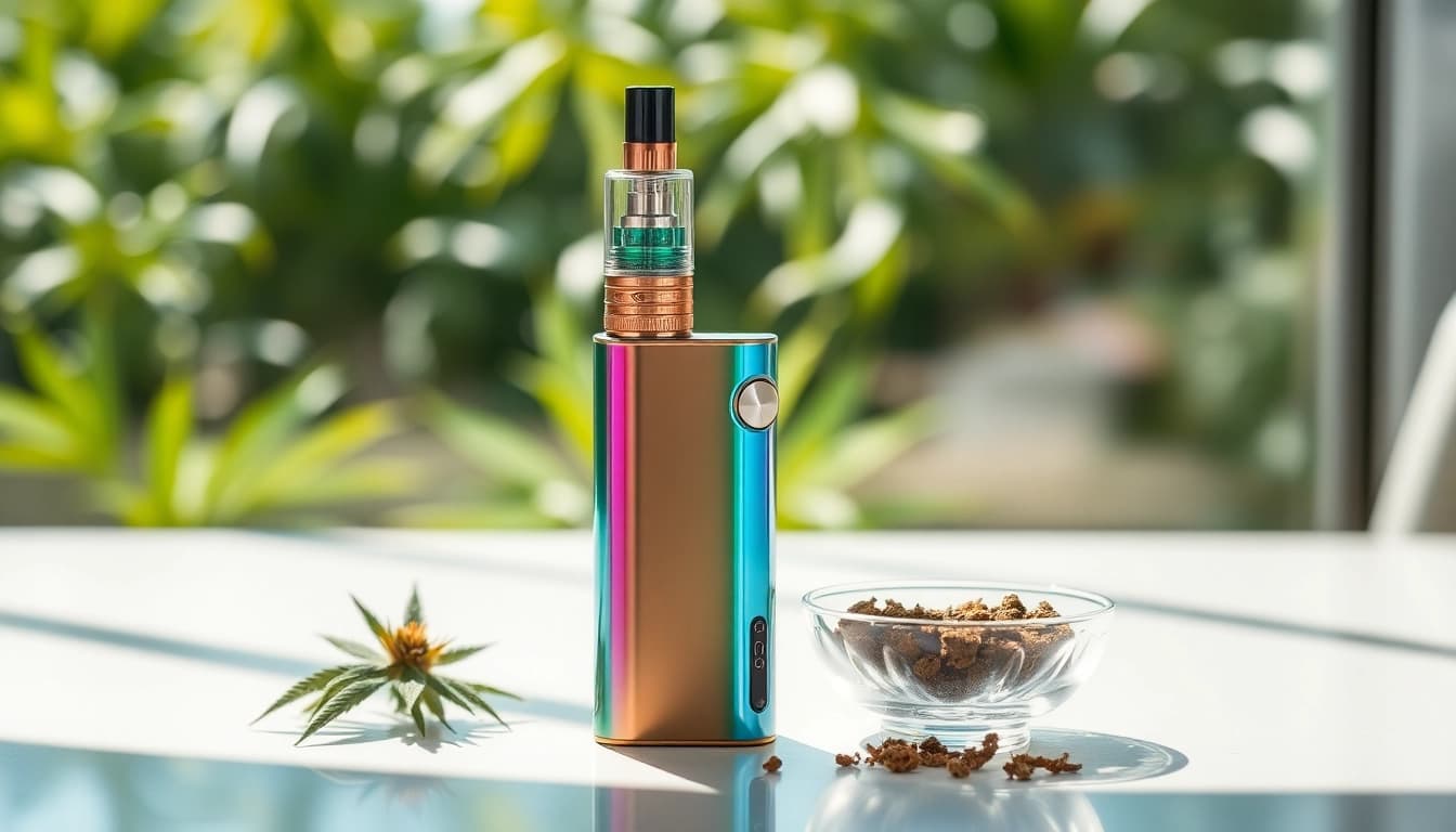 Explore the sleek design of a Cannabis Vape pen against a vibrant green backdrop.