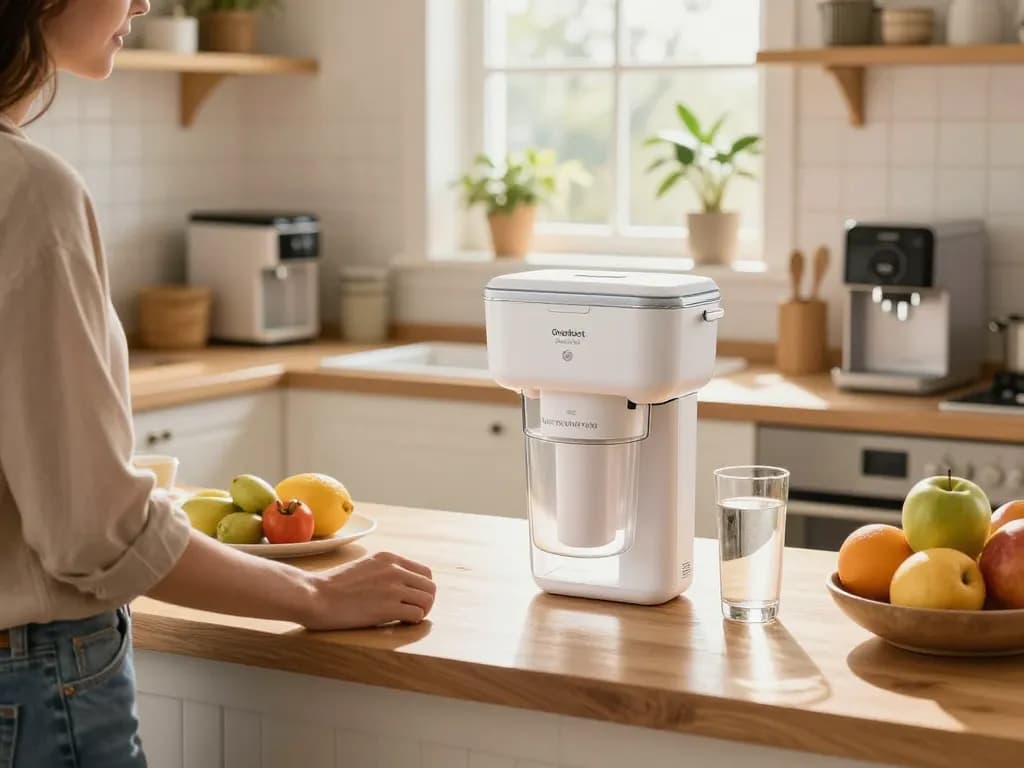 Overbest OB6013 Replacement for GE® MWF® water filter being inspected in a bright kitchen.
