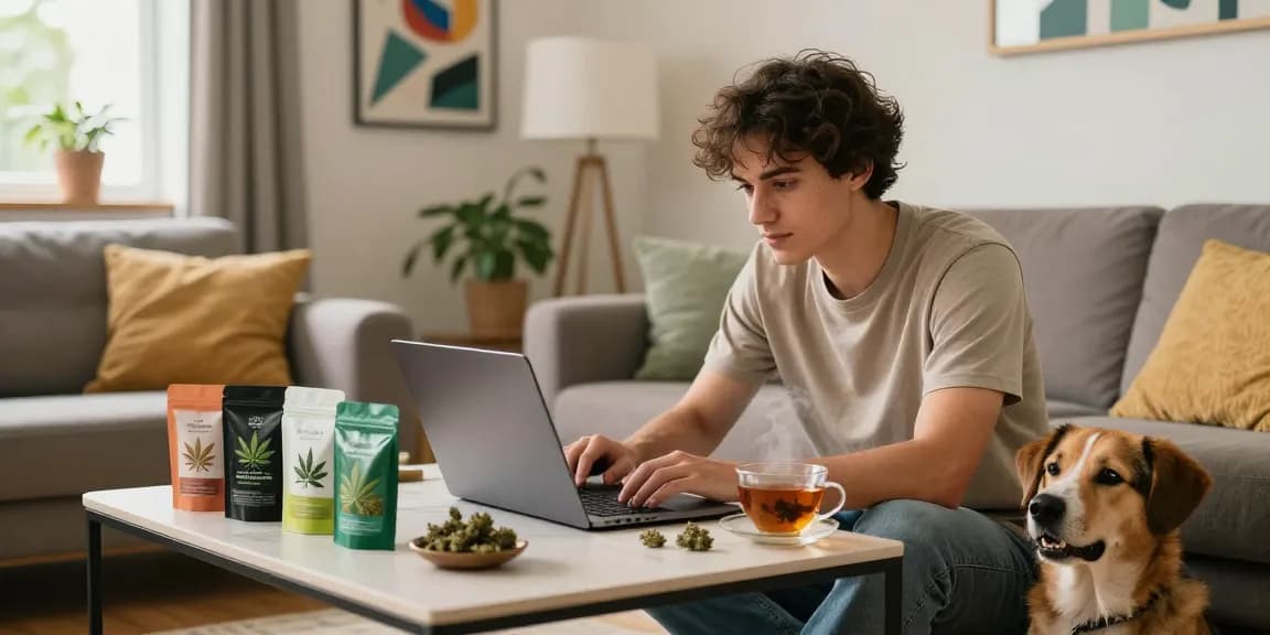 Engaging scene of a young man buying cannabis online in the UK, showcasing premium products and a relaxed home environment.