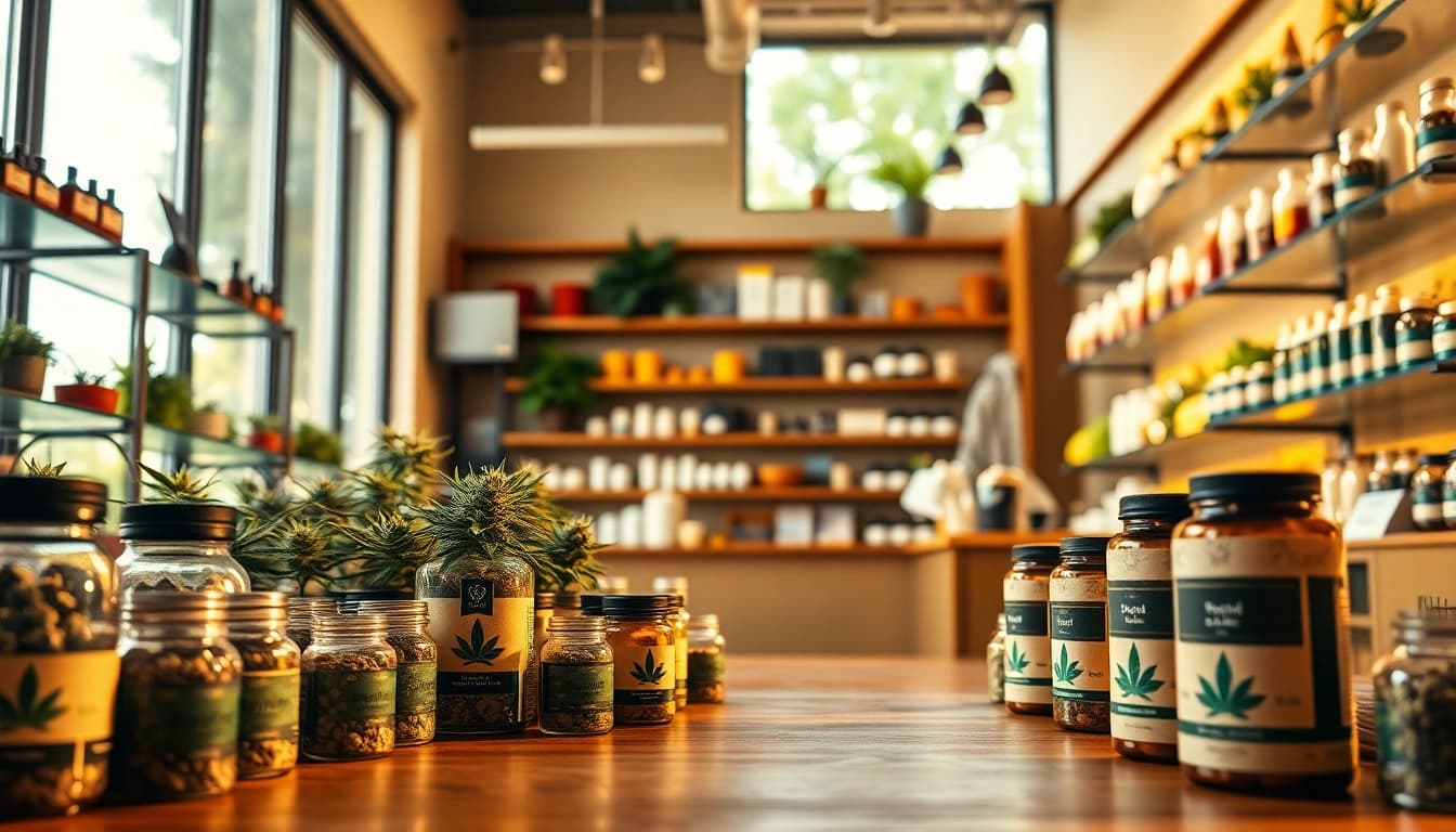 Explore the inviting atmosphere of a weed store filled with diverse cannabis products.
