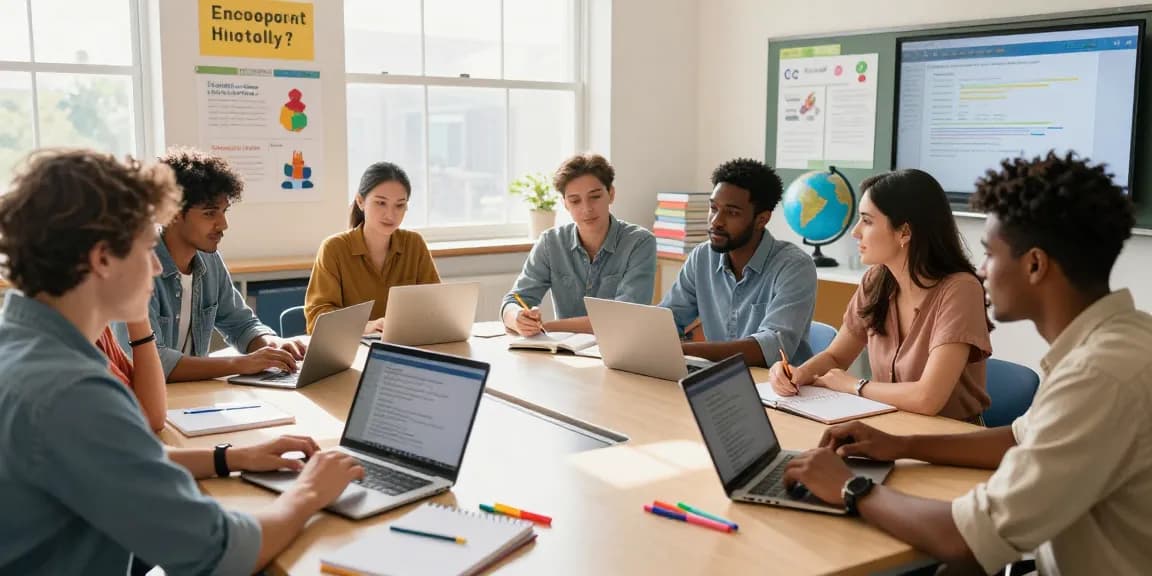 Collaborative teachers using EMStudio, an online teacher planner and classroom management application to develop lesson plans in a bright classroom.