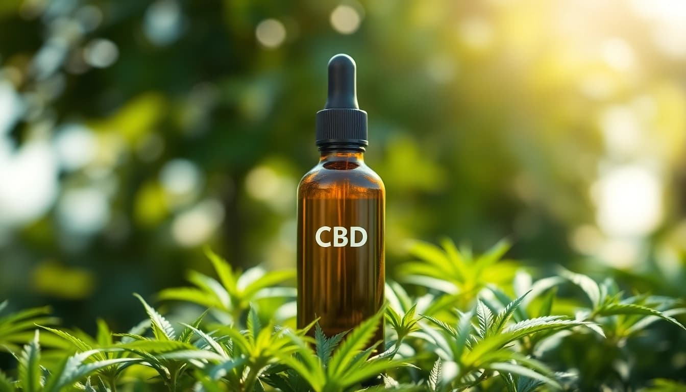 Experience the wellness benefits of CBD Oil with a vibrant bottle amidst lush hemp leaves in a natural setting.