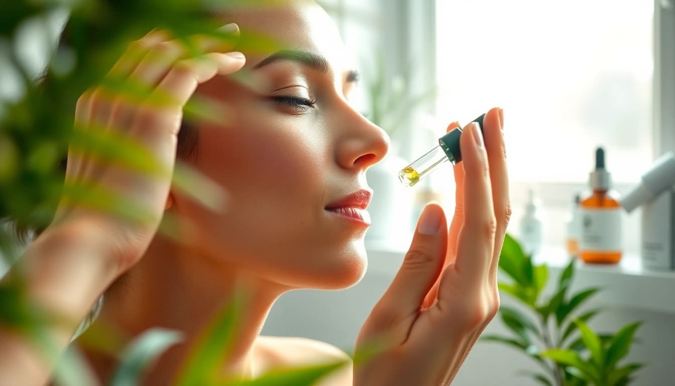 Apply CBD oil for skin during skincare routine with lush plants in a bright bathroom.