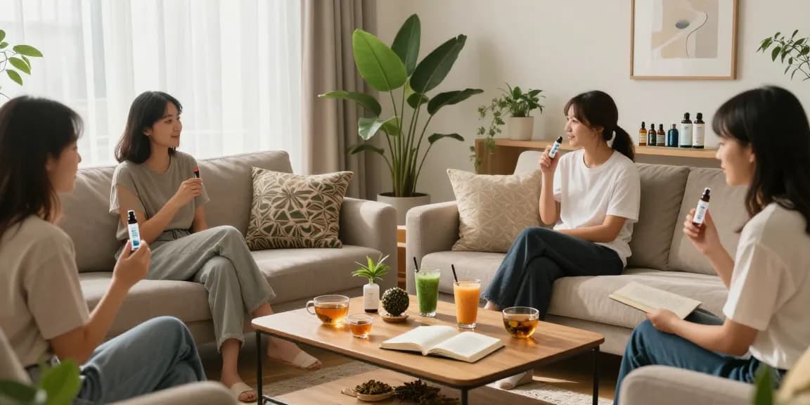 Enjoying a pack man THC vape in a relaxing living room atmosphere with wellness products, promoting natural health.