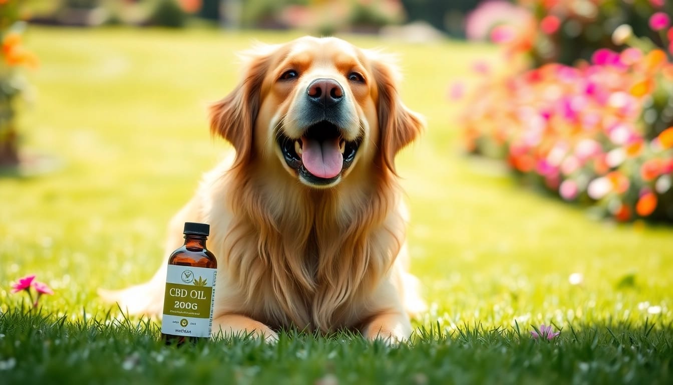 Enhance your dog's well-being with CBD Oil For Dog bottle beside a playful golden retriever.