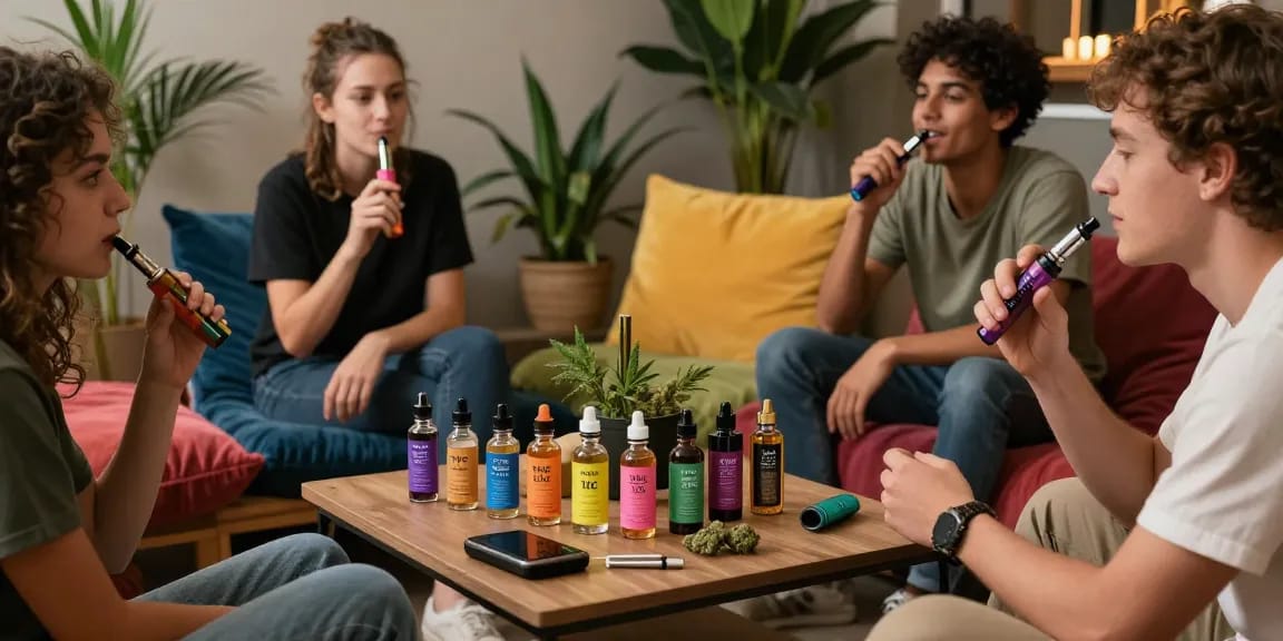 Group enjoying Weed vape in a modern lounge, showcasing THC vape e-liquids.