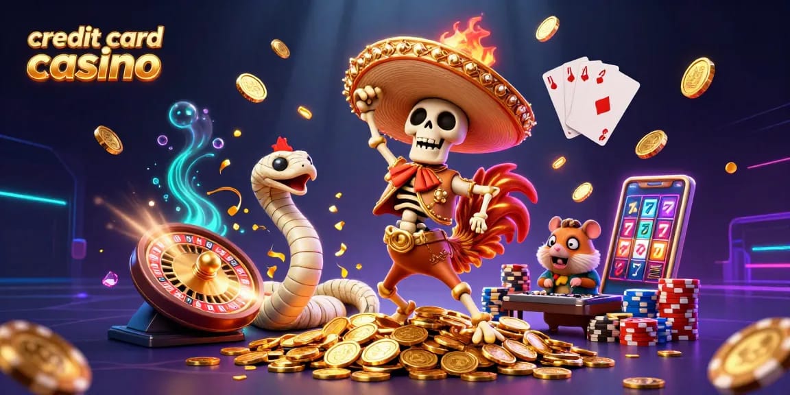 The lively credit card casino scene features a dancing mariachi rooster surrounded by vibrant casino elements.