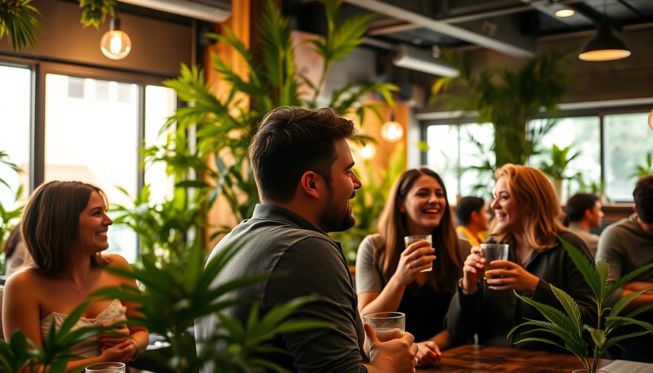 Experience vibrant interactions at a social club Madrid with friends amidst inviting greenery.