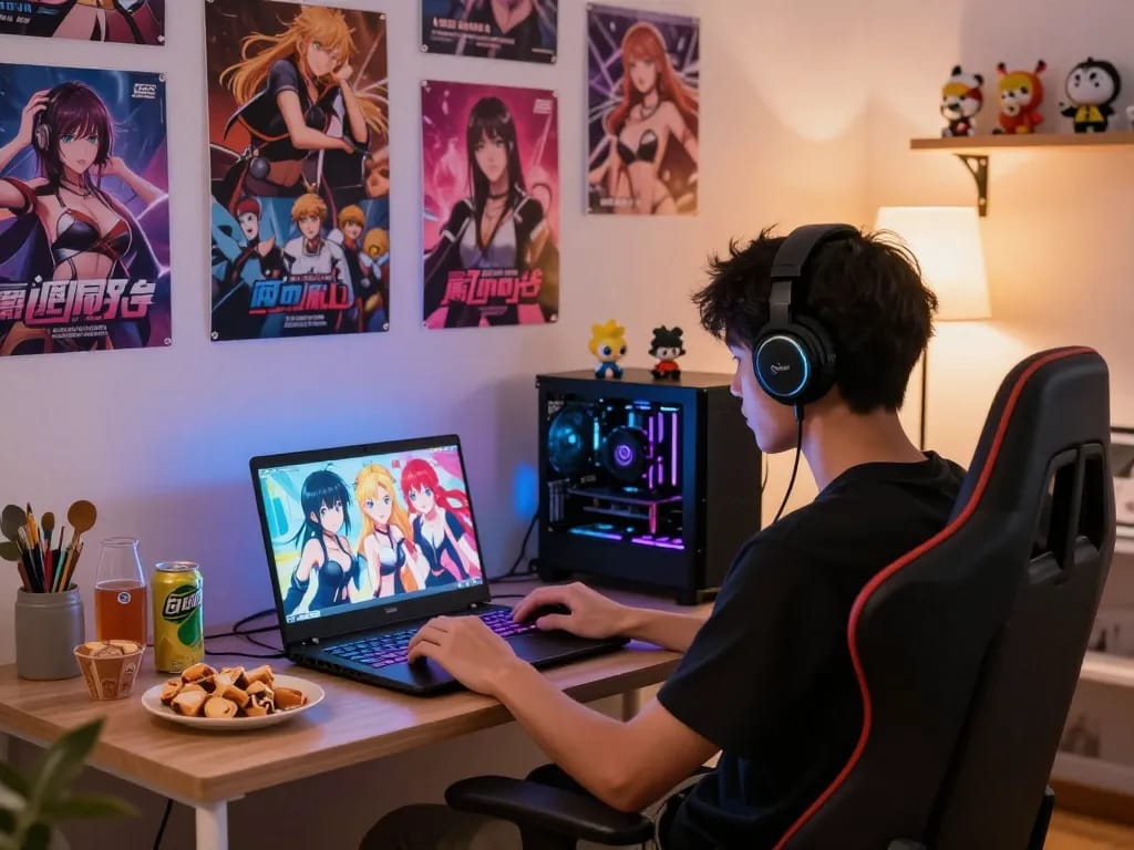 Engaging scene of a young man playing adult visual novels to play porn games at home.
