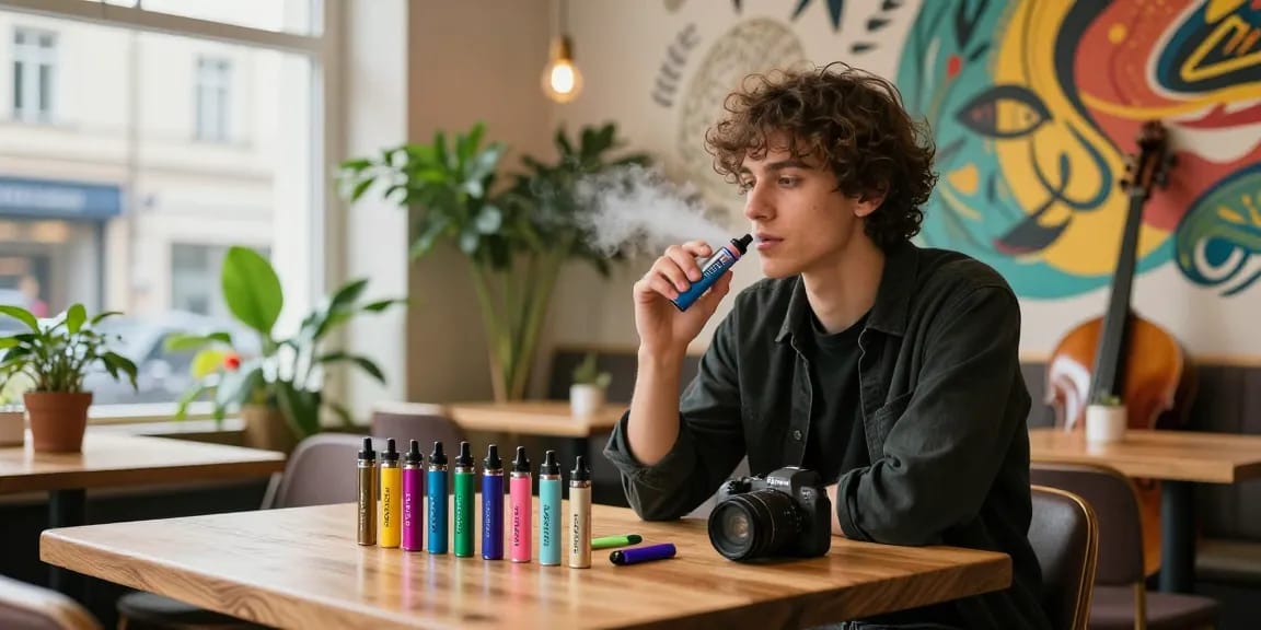 THC Vape Deutschland im stilvollen Berliner Café, junge Person genießt Vape mit urbanem Flair.