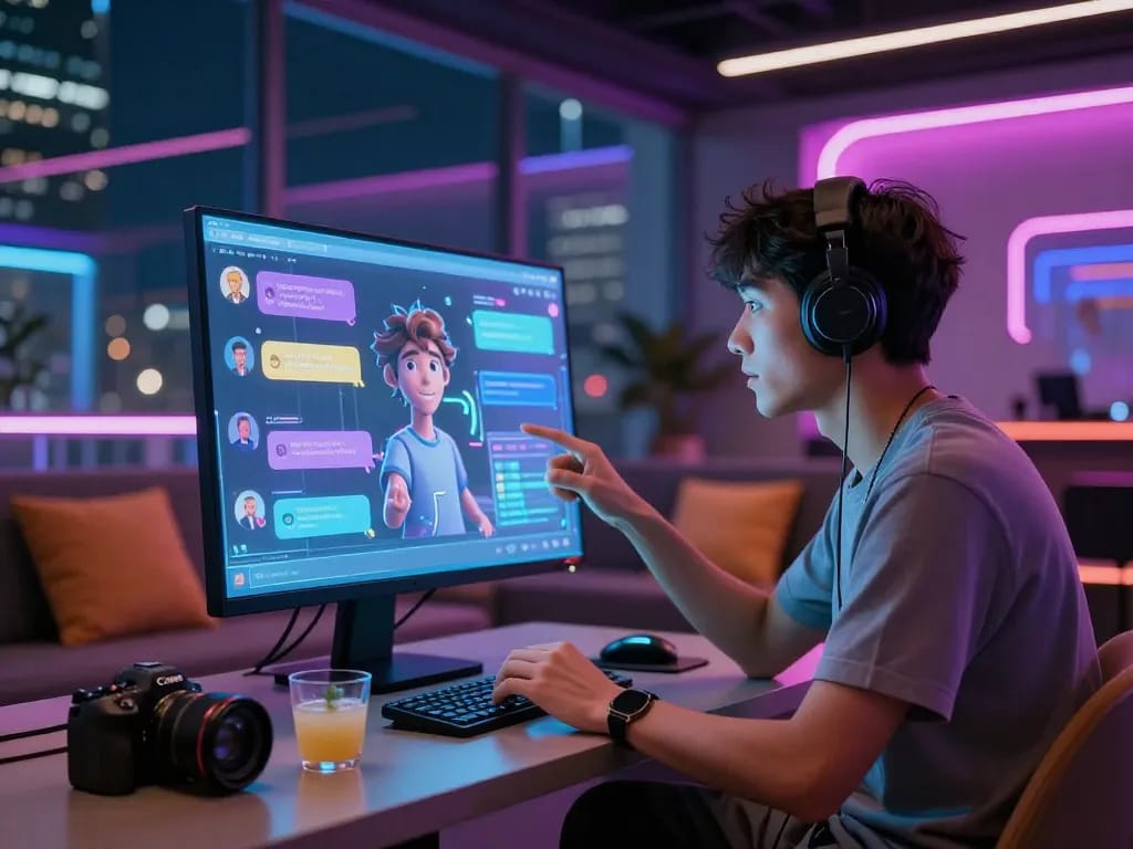 Engaging porn ai chat experience in a futuristic digital lounge.