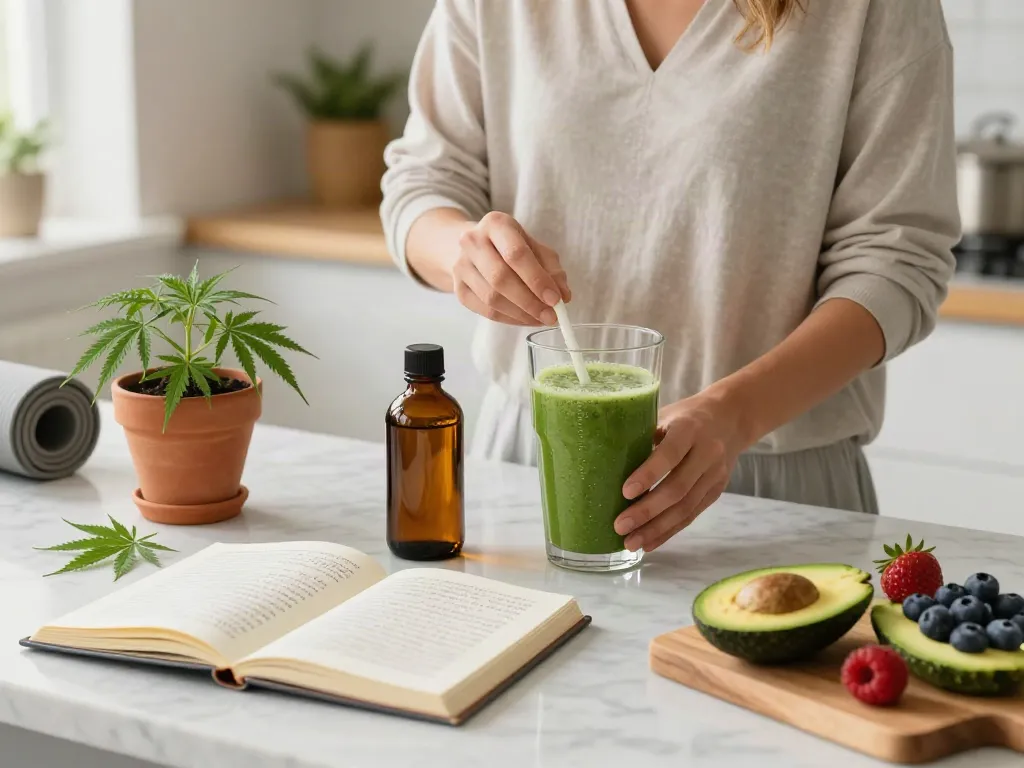 Leafy Market CBD oil and wellness products in a bright kitchen, featuring hemp extract and healthy ingredients.
