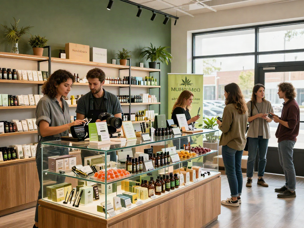 Inviting cannabis retail space showcasing Muha Med products and vibrant customer interactions.