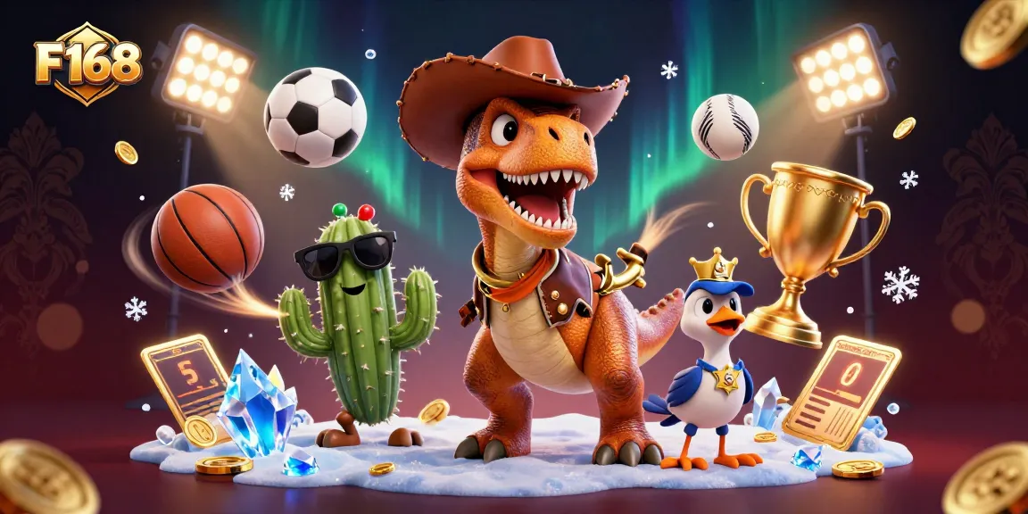Experience thrilling sports betting action with F168 featuring a T-Rex cowboy, cactus buddy, and a roadrunner, all amidst dynamic game elements.