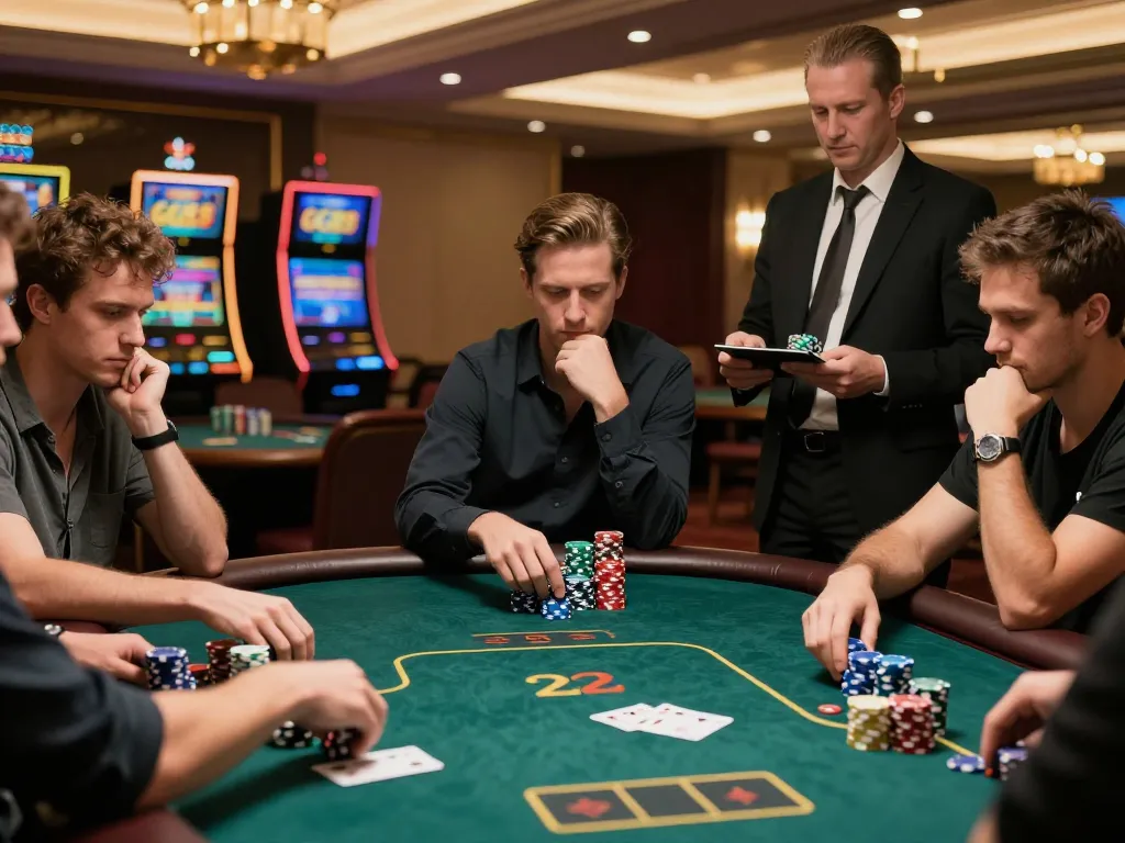 Players experiencing strategic moments at GG88's bustling poker table, showcasing intense gameplay.