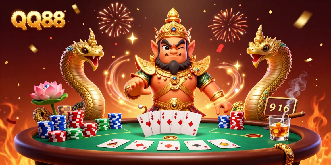 Play thrilling poker with QQ88's engaging 3D scene showcasing a vibrant guardian and casino elements.