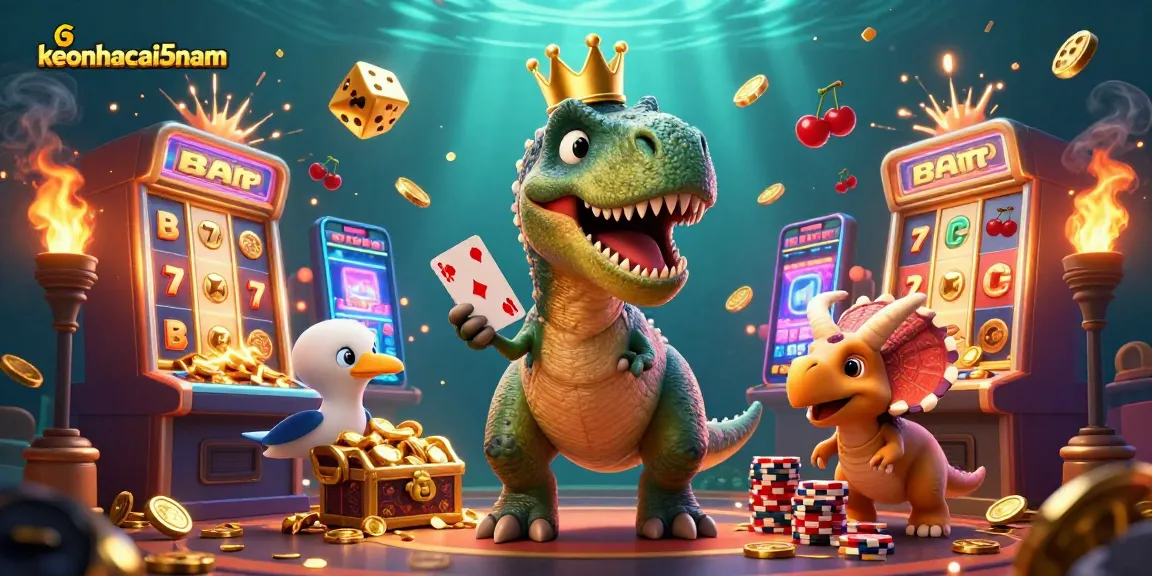 Experience the excitement of keonhacai5nam with T-Rex shuffling cards and casino action.