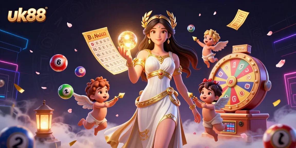 Win vibrant lottery prizes at uk88 with a 3D goddess, Cupid cherubs, and dynamic gaming elements.