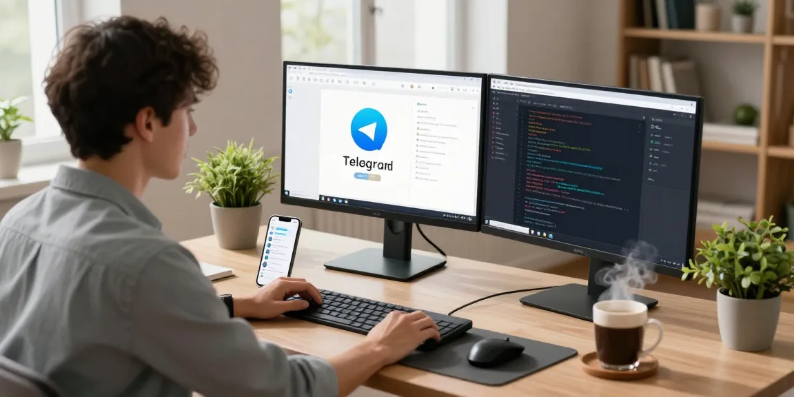 Using Telegram Download on dual monitors in a modern home office setting for efficient communication.