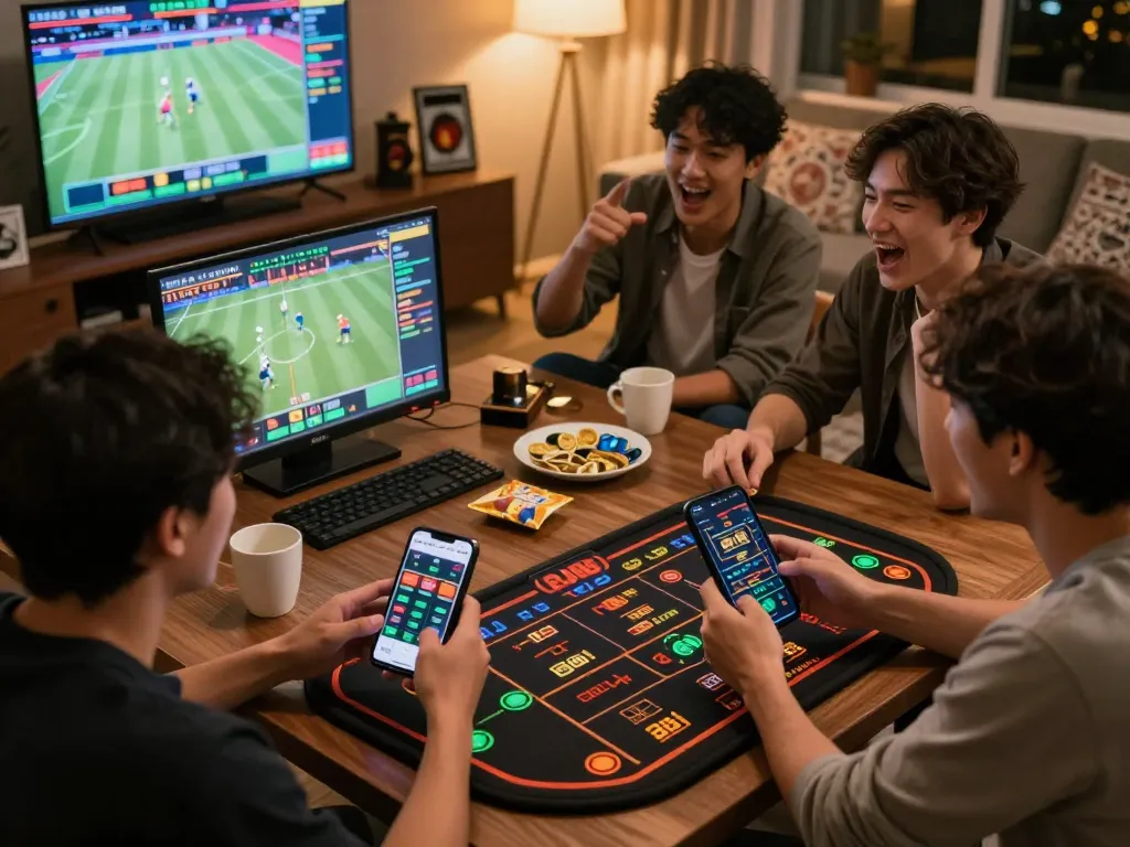 Engaged players using BJ88 app for sports betting in an exciting living room atmosphere.