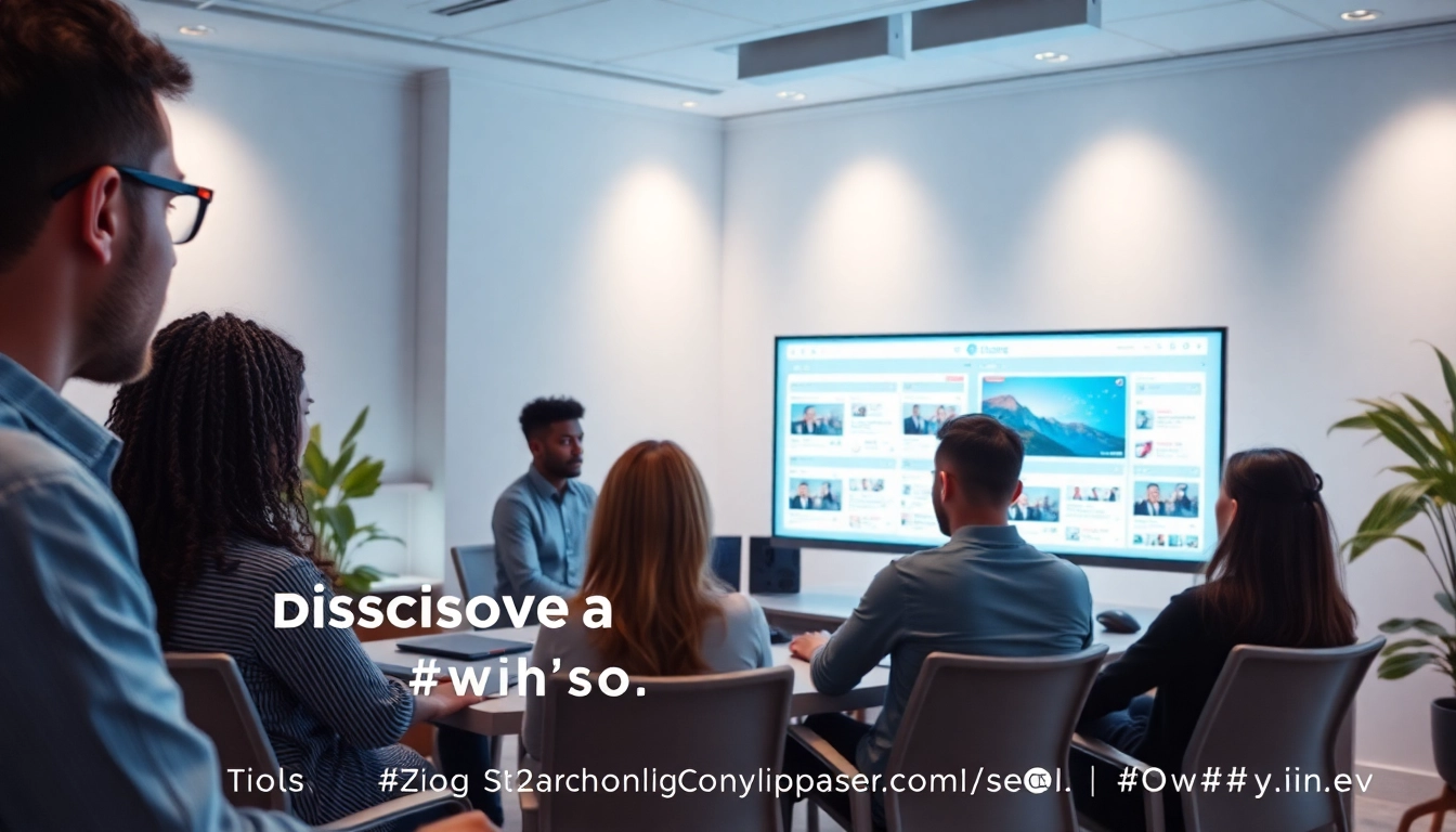 Innovative digital workspace showcasing tools to search OnlyFans creators, featuring diverse individuals collaborating.