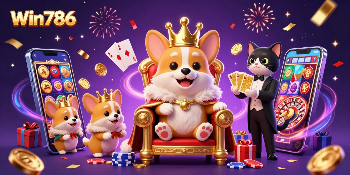 Win786 showcases a vibrant casino scene with a crowned corgi, illustrating engaging gambling action.