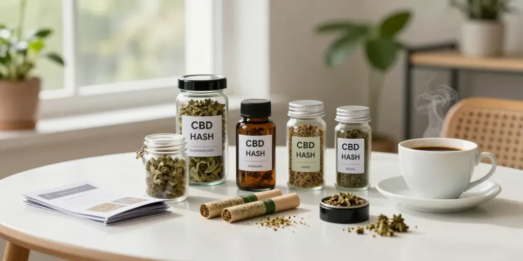 Selection of premium CBD hash in a stylish home setting, jars and rolling tools arranged aesthetically.