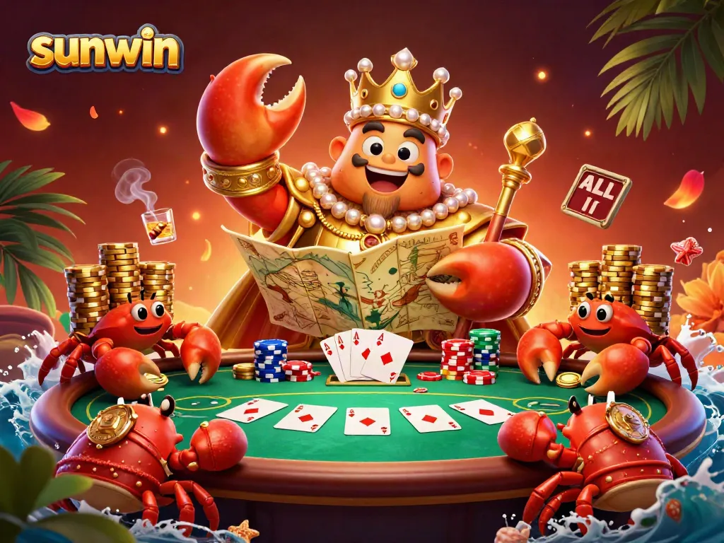 Experience thrilling gameplay in sunwin with a golden crab emperor navigating poker challenges amid vibrant casino elements.
