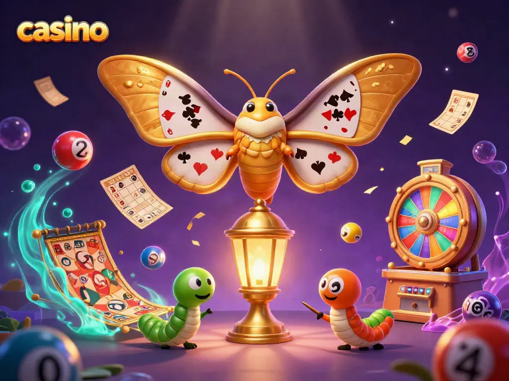 Experience vibrant casino excitement with 3D cartoon moth and dynamic gaming elements.