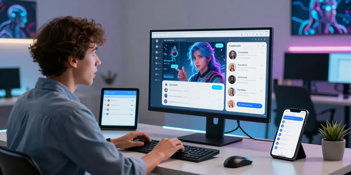 User interacts with Crushon AI chatbots at a modern workspace, showcasing vibrant character avatars and an engaging atmosphere.