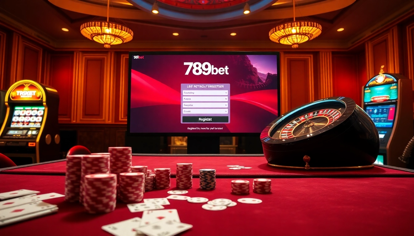 Engaging visual representation of trang chủ 789bet's online casino interface with poker chips and slot machines.