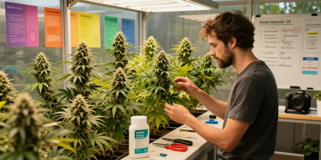 Cannabis breeding genetics showcased in a greenhouse with healthy plants and a grower inspecting them.