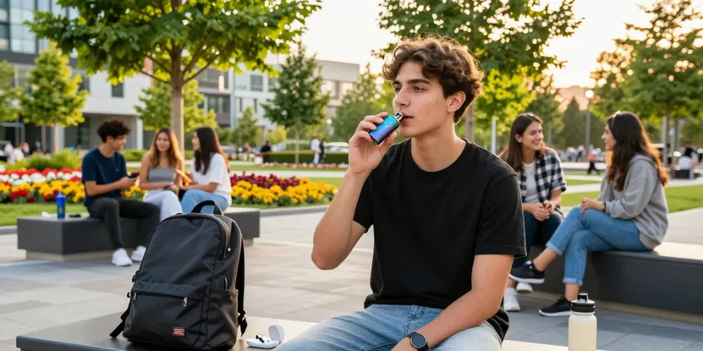 Al Fakher Vape 8000 in einer modernen Parkszenen mit Freunden, die den Genuss eines stilvollen Crown Bar Geräts teilen.