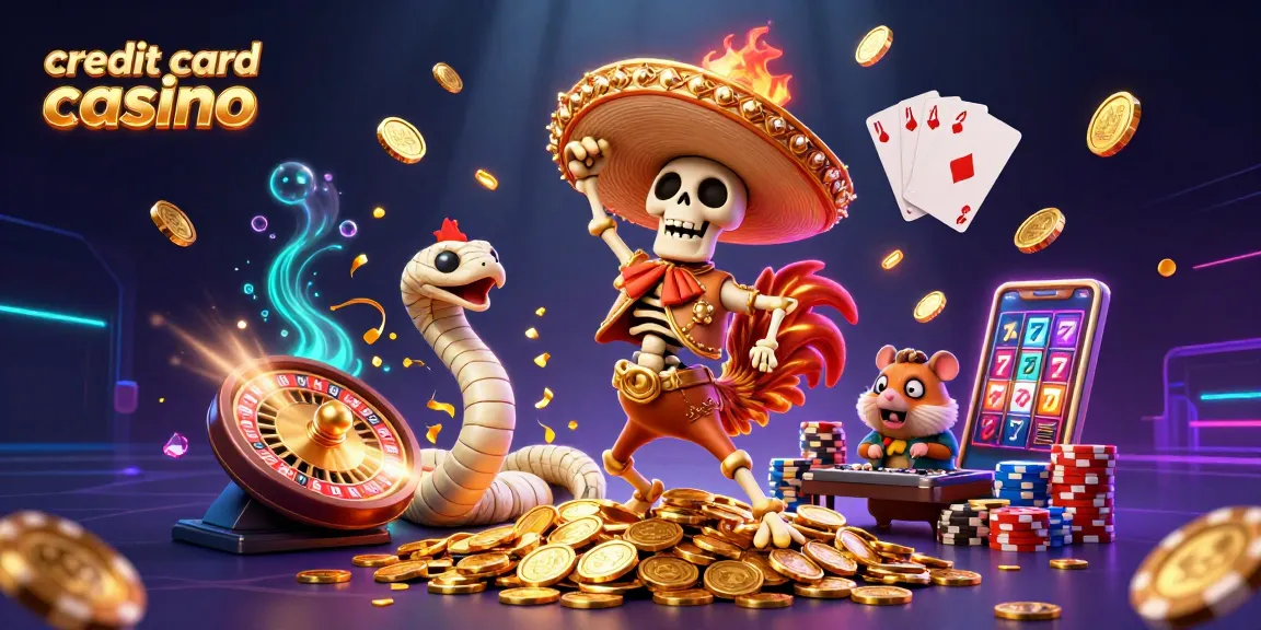 The lively credit card casino scene features a dancing mariachi rooster surrounded by vibrant casino elements.