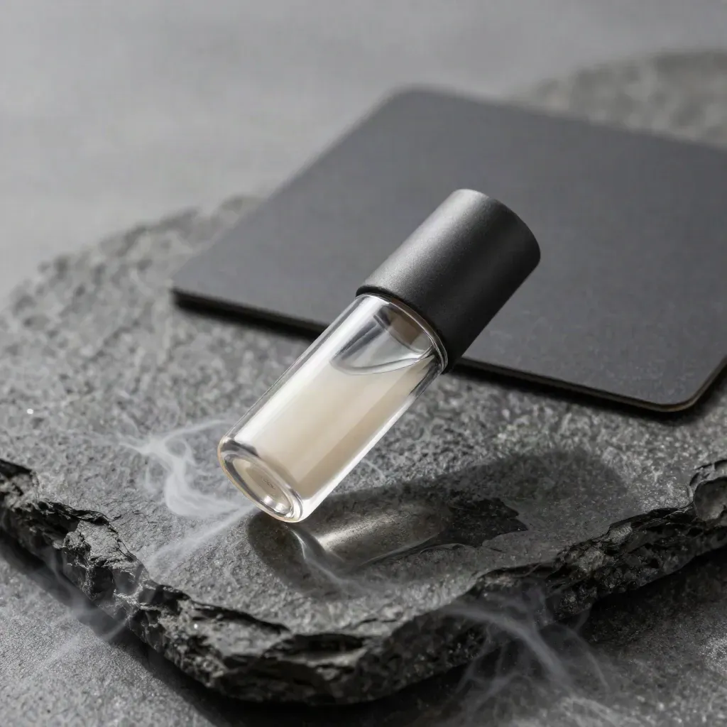OG Kush pod hovering above wet basalt with cool steam and soft charcoal tones