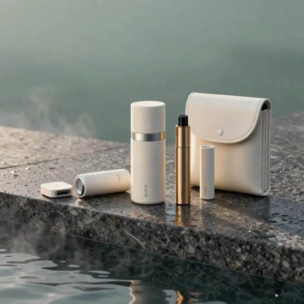 Blue Dream pod kit with pods, battery, charger puck, and sleeve on wet travertine at dawn.