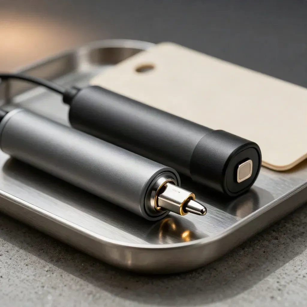 Top-down macro of a slim vape battery, charging cap, cable loop and dock on cool pewter.