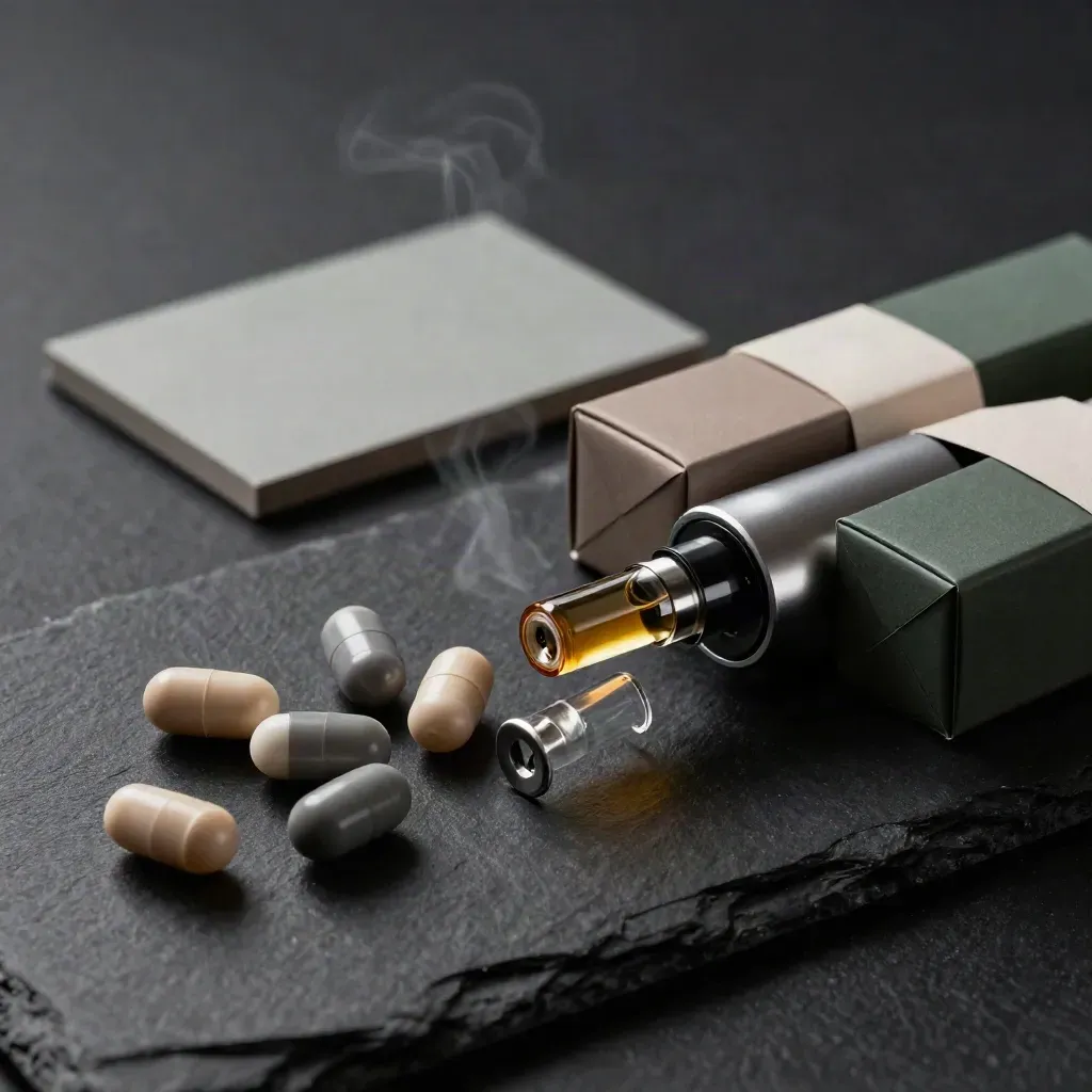 Unmarked THC pod bundle with cartridge, battery kit, and boxes on a dark slate surface.