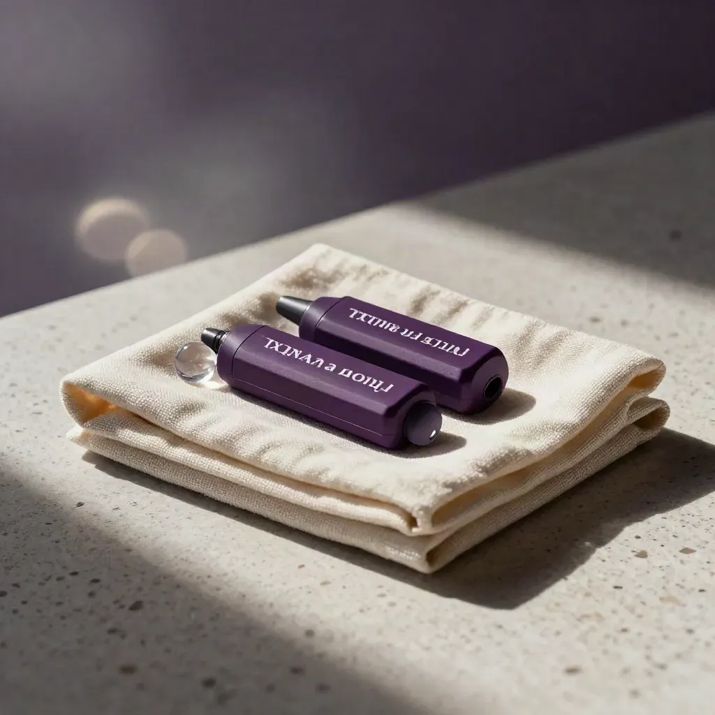 Unbranded THC pod pack with two shells on cream fabric beside a glass pebble.