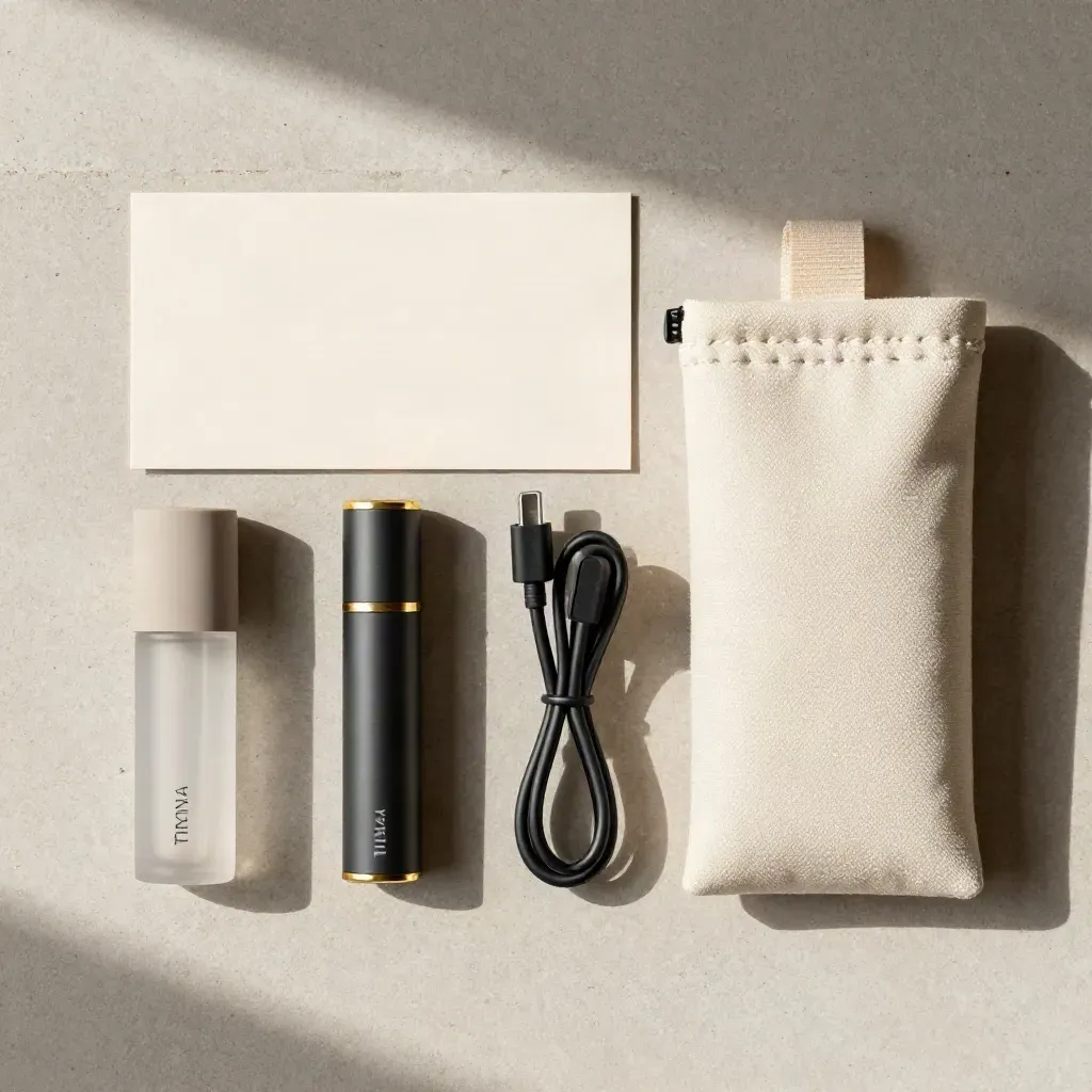 Overhead flatlay of a THC pod starter bundle with battery, charger, and sleeve on pale concrete.