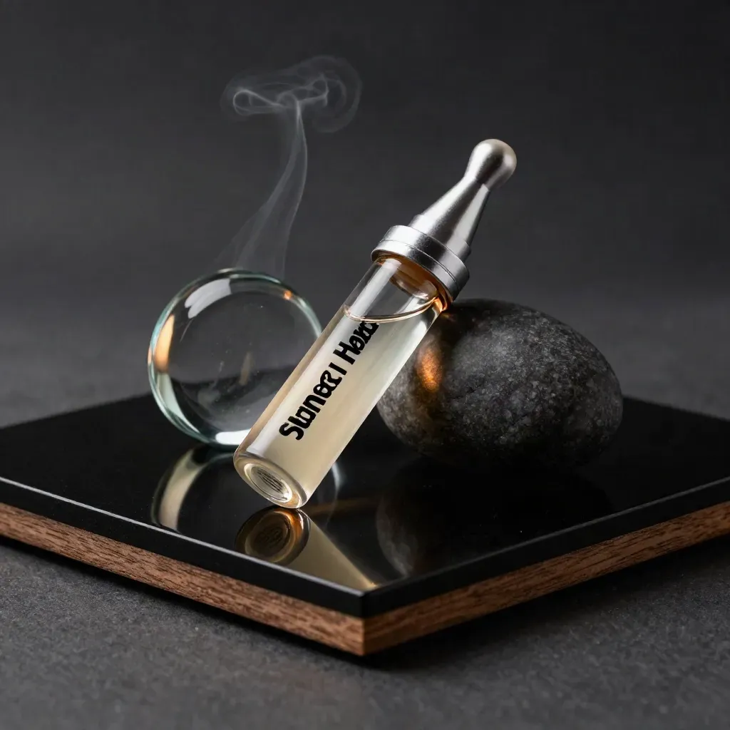Sunset Haze THC cartridge beside a curved glass pebble on a dark studio plinth