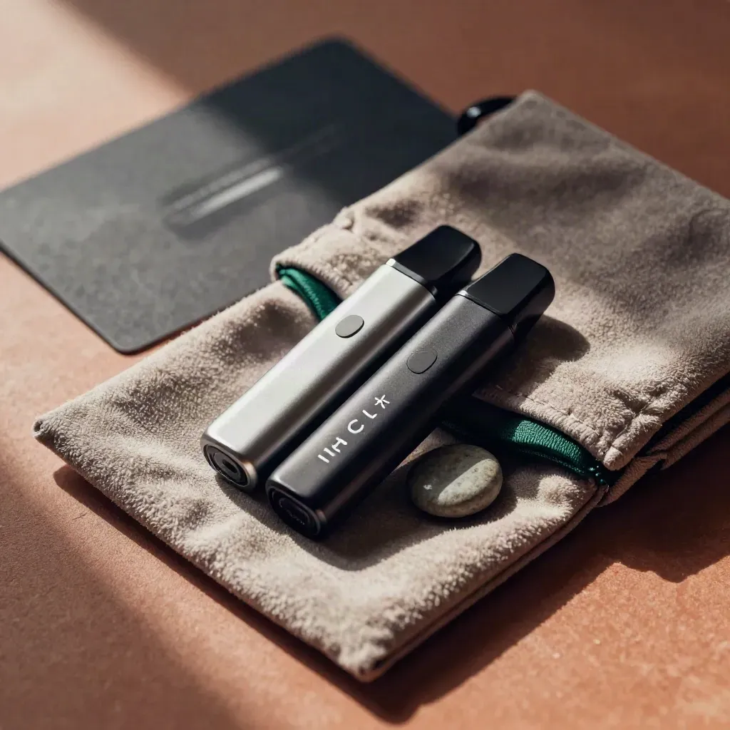 Two THC pods half-wrapped in suede beside a smooth stone, softly lit in a moody green-tinged close-up.