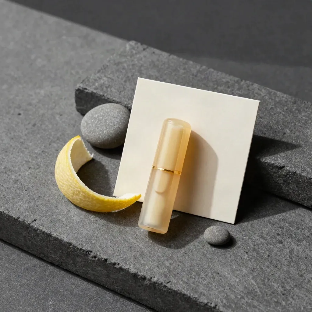 Overhead flatlay of a Lemon Kush THC pod with peel curl, pebble and cream card on charcoal concrete.
