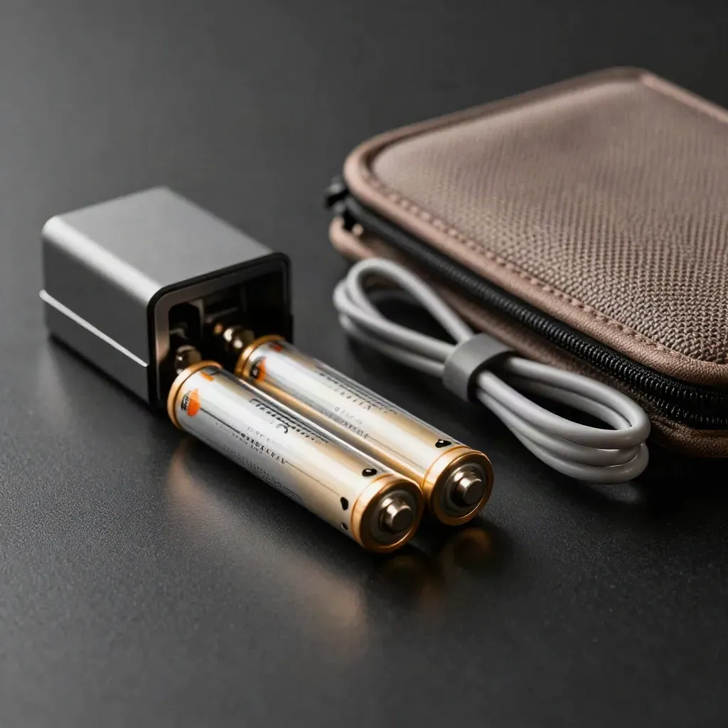 Dual battery kit with charger base, cable loop and carry sleeve on a dark studio surface.