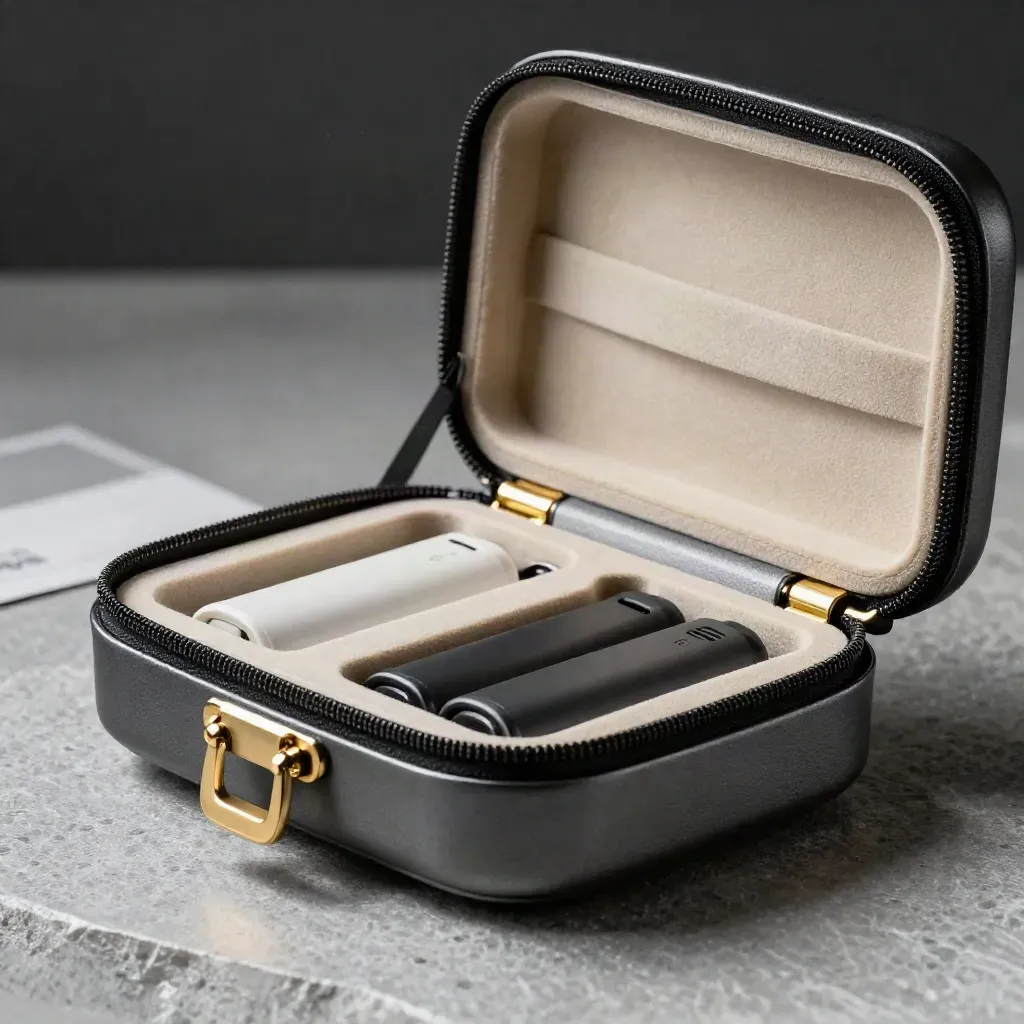 Open hard-shell carry case with two pods and a spare battery slot on stone